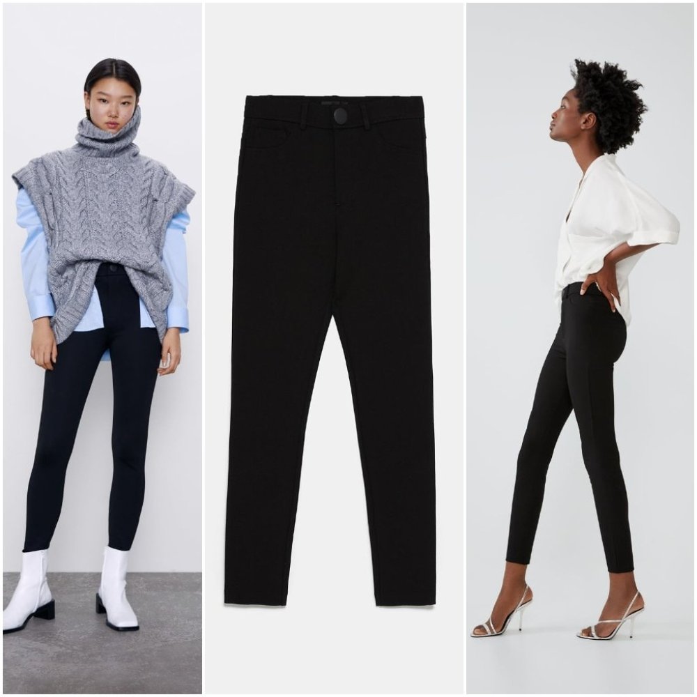 ZARA PITCH BLACK STRETCH LEGGINGS PANTS WITH SNAP BUTTON